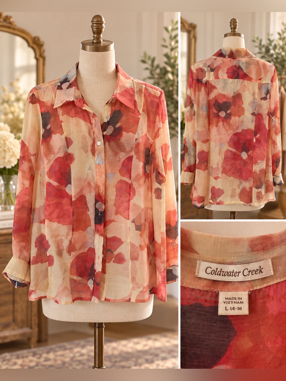 Coldwater Creek Watercolor Floral Button-Front Blouse – Large 14–16